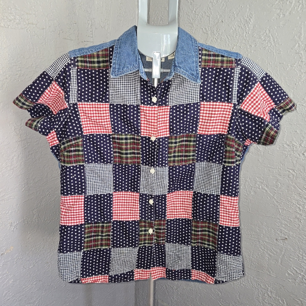 Vintage Patchwork Button Down Shirt Gingham Plaid… - image 1